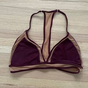 Plumeria Maroon Racerback Swim Top Bikini with Nude netting